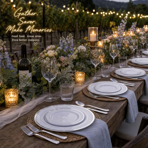 White & Silver Disposable Plates Set for 100 Guests - Heavy Duty Party Dinner & Dessert