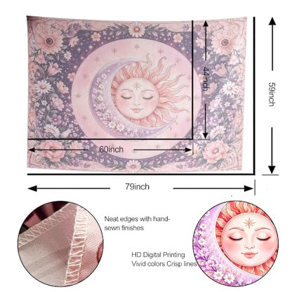 Purple & Pink Boho Sun and Moon Tapestry Wall Hanging 60x44 Inches - Bedroom Decor