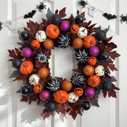 Halloween Ball Wreath for Front Door - 24 Inch Pumpkin Fall Decor Black Variation