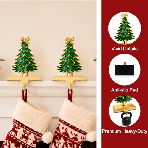 Heavy Gold Christmas Stocking Holders for Mantle - Green - 2 Pack