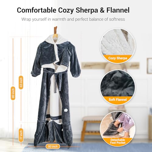 Dark Gray Wearable Heated Blanket with Removable Foot Pocket - 50x80 inches, 9 Temp Settings