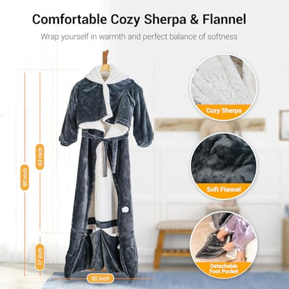 Dark Gray Wearable Heated Blanket with Removable Foot Pocket - 50x80 inches, 9 Temp Settings