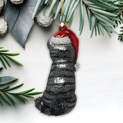 Adorable Tabby Cat with Santa Hat Glass Christmas Ornament - Seasonal Decor