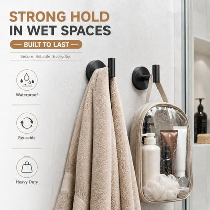Black Suction Cup Towel Hooks for Shower No Drill Removable 2 Pack