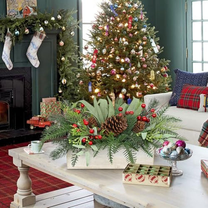 Christmas Centerpieces for Table - Artificial Norfolk Pine with Red Seeds & Eucalyptus in White Wooden Pot - White Variation