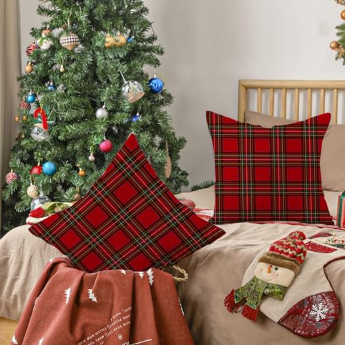 Christmas Plaid Pillow Covers 20x20 Waterproof Decor Set - Red, Pack of 2