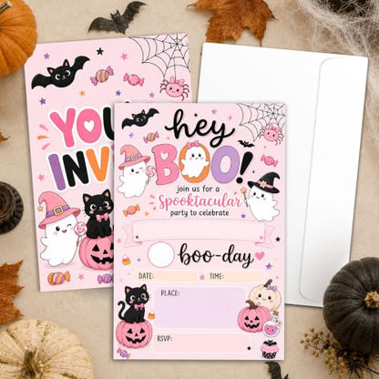 Pink Boo Ghost Halloween Birthday Party Invitations - 20 Pack with Envelopes