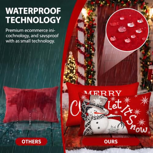 2 Pack Christmas Waterproof Lumbar Pillow Covers 12x20 - Red Snowman & Merry Christmas
