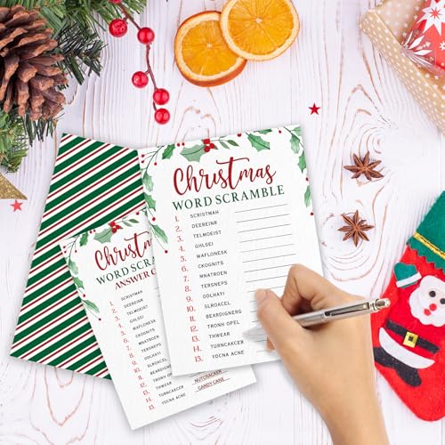 Christmas Word Scramble Party Game Cards - 30 Pack Green Leaf Design, 5x7 Inches
