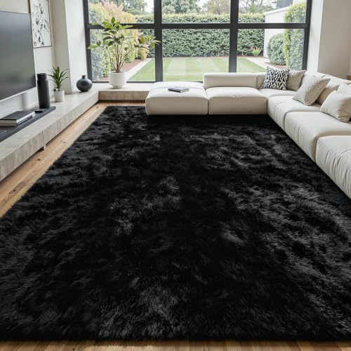 Black 8x10 Area Rug for Living Room & Bedroom Soft Fluffy Fuzzy Fur Shag