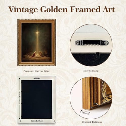 Vintage Gold Framed Nativity Canvas Wall Art - Jesus Birth Scene, 16x12 in