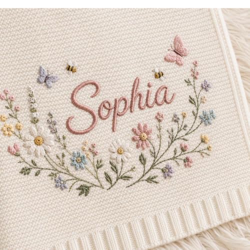 Baby Blanket Custom Embroidered Floral Knitted Nursery Throw - Style 1