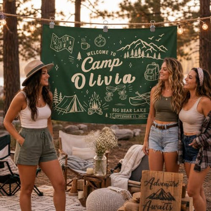 Personalized Camping Tapestry for Bachelorette Party Design 01 - Custom Camp Banner & Welcome Sign