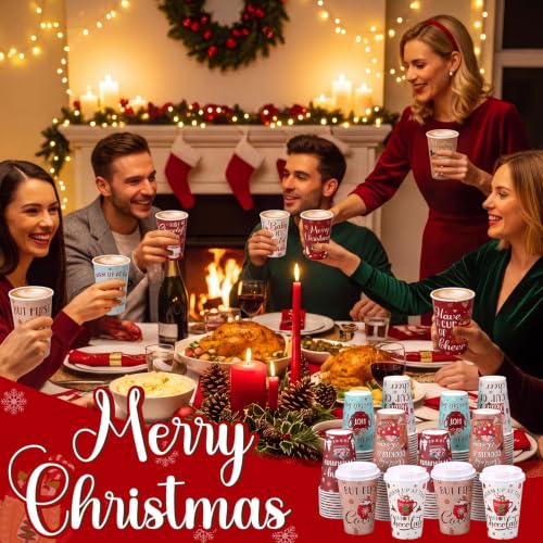 Christmas 16 Oz Hot Cocoa Coffee Cups with Lids - 120 Pieces
