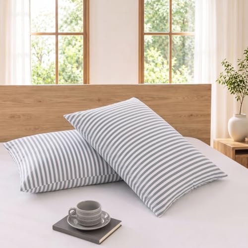 Sage Gray Pillowcases Queen Size Set of 2 - Cotton Sateen with White Stripes, 300TC
