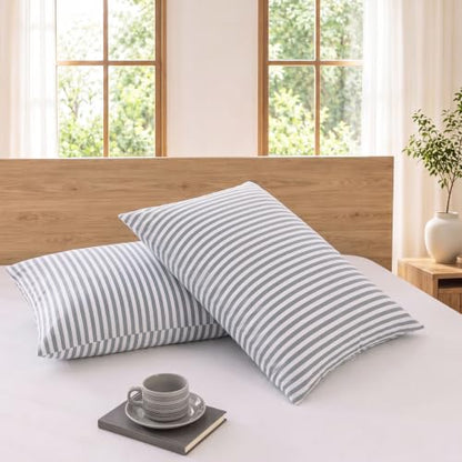 Sage Gray Pillowcases Queen Size Set of 2 - Cotton Sateen with White Stripes, 300TC