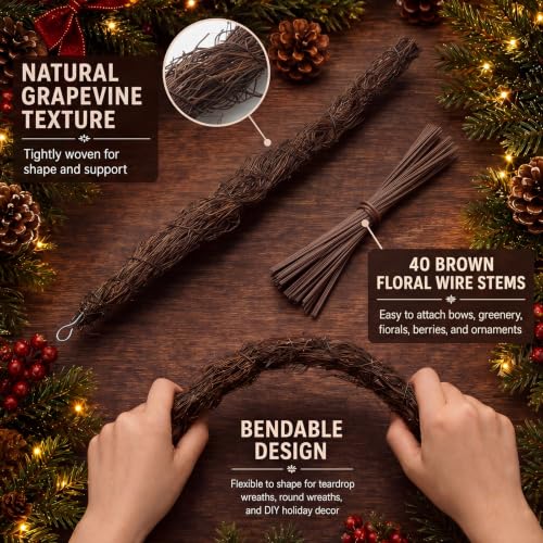 Grapevine Teardrop Swag Wreath Base 20 Inch with 40 Floral Wire Stems - Variation 42