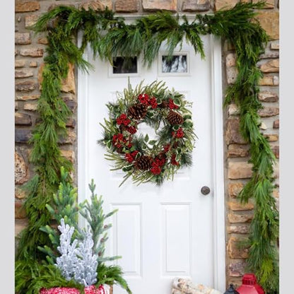 20 Inch Christmas Wreath with Holly Leaves - Artificial Door Holiday Decor