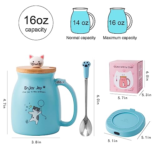 Blue Cat Mug Warmer Set for Desk with Heated Cup and Spoon