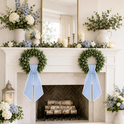 2-Piece Dusty Blue Wreath Sash with Scalloped Trim for Front Door Decor