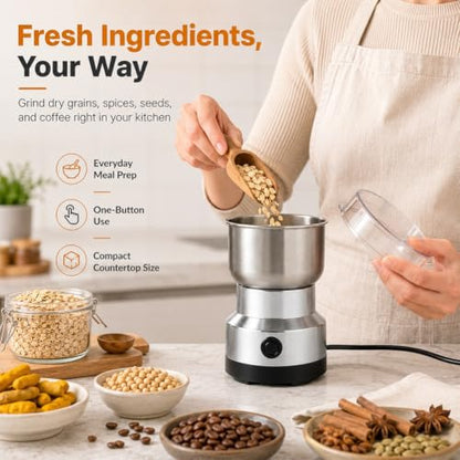 Silver High-Speed Stainless Steel Grain & Spice Grinder with Coffee Mill Attachment