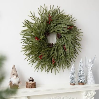 Large 24 Inch Artificial Christmas Wreath with Red Berries Pine Cones - Real Touch Front Door Decor