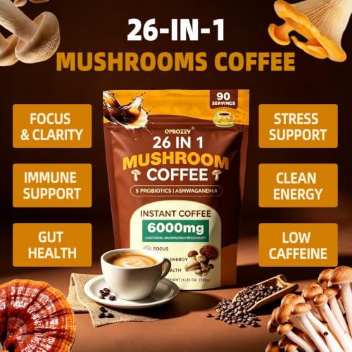 Mushroom Coffee - Instant Coffee with 26 Mushroom Complex, 6.35 oz, 90 Servings