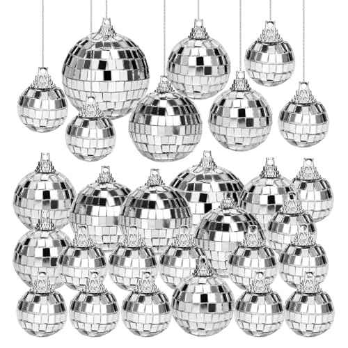 28 Pcs Disco Balls Ornaments, Mirror Disco Ball, Silver Ball with Hanging Rope for Holiday Birthday Wedding Dance Music Party Decorations, Assorted Sizes