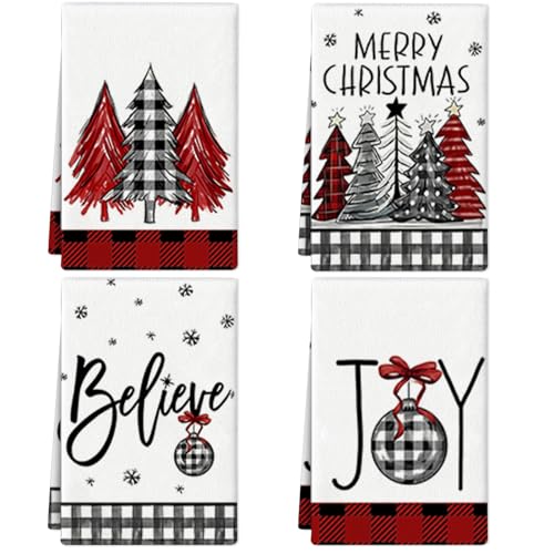 Christmas Kitchen Towels Set of 4 16x24 Inch Holiday Dish Cloths Absorbent Cotton