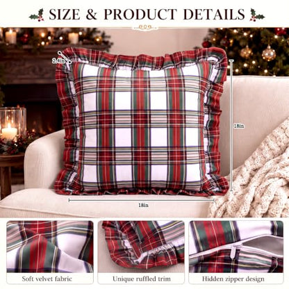 Irenare 2-Pack Christmas Plaid Ruffled Pillow Covers 18x18 in - Red & Green Scottish Tartan, Hidden Zipper