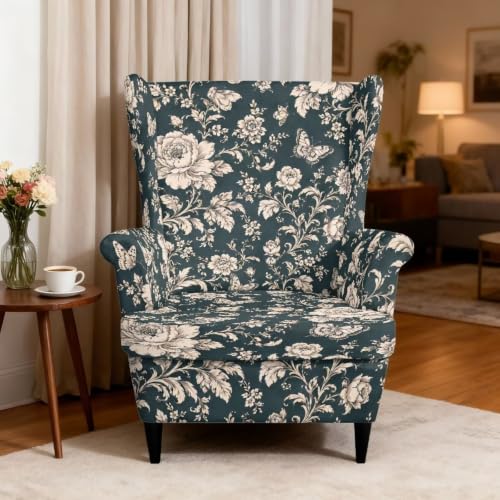 Dark Teal Floral Butterfly Wingback Chair Slipcover with Cushion, 2-Piece Stretch Armchair Cover for Room