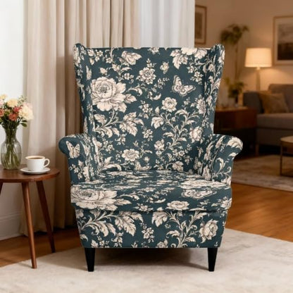 Dark Teal Floral Butterfly Wingback Chair Slipcover with Cushion, 2-Piece Stretch Armchair Cover for Room