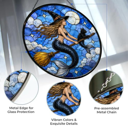 Mermaid Witch Stained Glass Panel 7.9 Inch - UV-Printed Home Decor Suncatcher - Variation 1 / 20cm