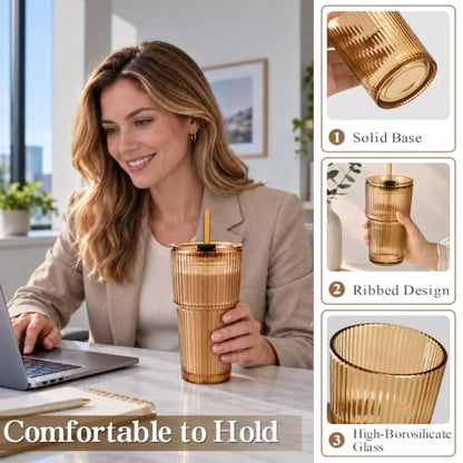 Glass Tumbler Set with Lids and Straws, 20 oz Drinkware for Cold Beverages