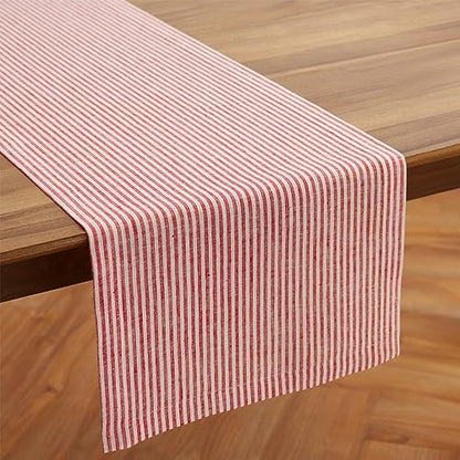 Pure Linen Table Runner 14x72 in Red & White Striped - Handcrafted Farmhouse Decor