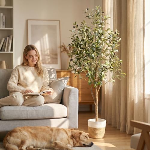 5Ft Artificial Olive Tree Indoor with Woven Basket - Faux Tree for Home Decor
