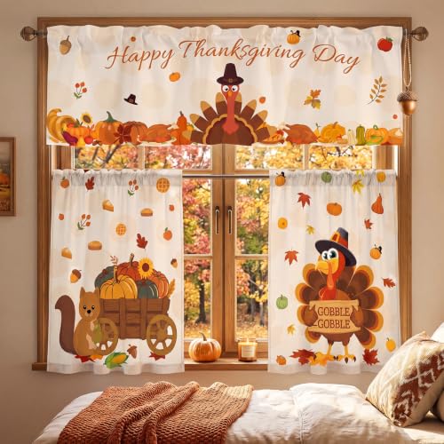 Thanksgiving Turkey Fall Kitchen Curtain Set 3 Pieces - Turkey / 11.4"W x 11.4"L