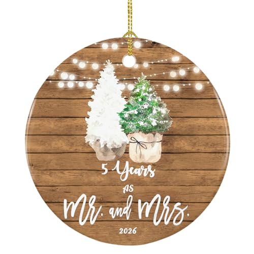 5th Anniversary Ornament for Couple - 5 Year Wedding Keepsake Gift - Mr & Mrs Decor - 2.9 Inch Ceramic Decoration - Gold Hanging String - 2026