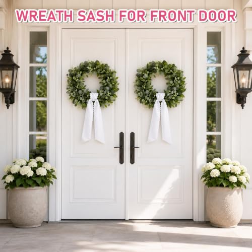 White Wreath Sash Set of 2 - Scalloped Ruffle Front Door Decor - White