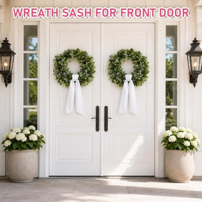 White Wreath Sash Set of 2 - Scalloped Ruffle Front Door Decor - White