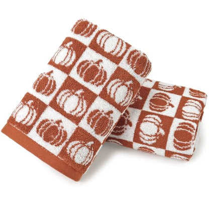 Pumpkin Checkered Fall Hand Towels for Bathroom & Kitchen - Set of 2