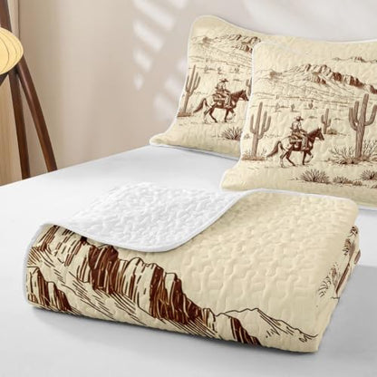 Full Size Manfei Western Cowboy Quilt Set with Pillow Shams - White Brown Vintage Bedspread