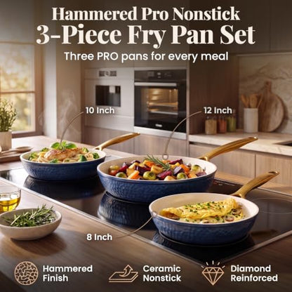 Gotham Steel Hammered Navy 3-Piece Titanium Ceramic Nonstick Frying Pan Set