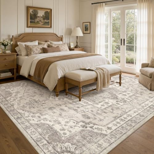 9x12 Beige Vintage Washable Area Rug for Living Room Non Slip Carpet