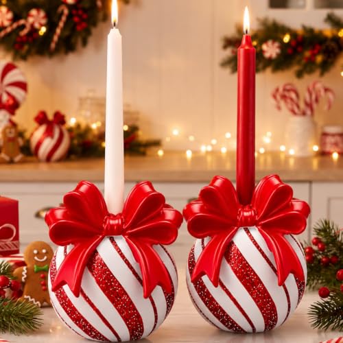 Christmas Bow Candy Ball Candle Holders - Set of 2 Red White Resin Holiday Decor