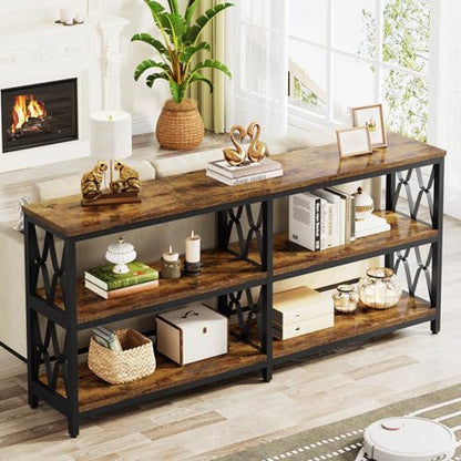 LITTLE TREE Rustic Brown & Black 70.9-Inch 3-Tier Console Table with Storage Shelves