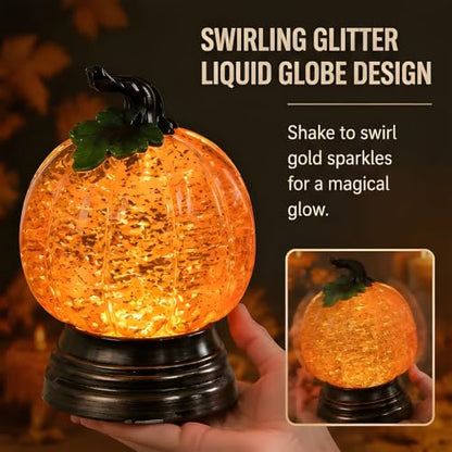 Glitter Lighted Pumpkin Snow Globe - 2PCS Halloween Fall Decor with Warm Orange LED