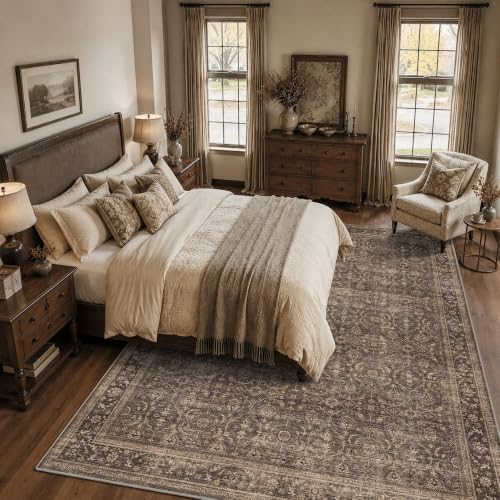 JOOJA 8x10 Dark Brown Vintage Low Pile Area Rug with Non-Slip Backing