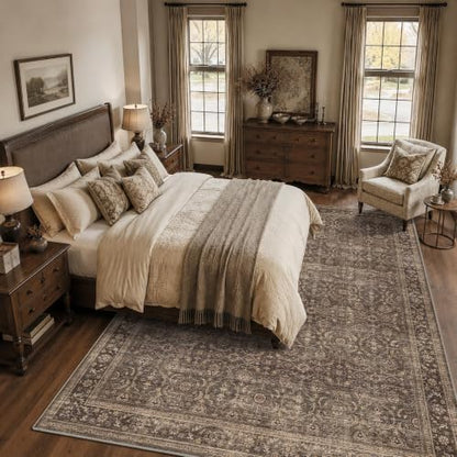 JOOJA 8x10 Dark Brown Vintage Low Pile Area Rug with Non-Slip Backing