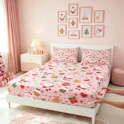 Pink Christmas Bed Sheets Set Twin Size Cartoon Santa Gingerbread Snowman No Top Flat Sheet